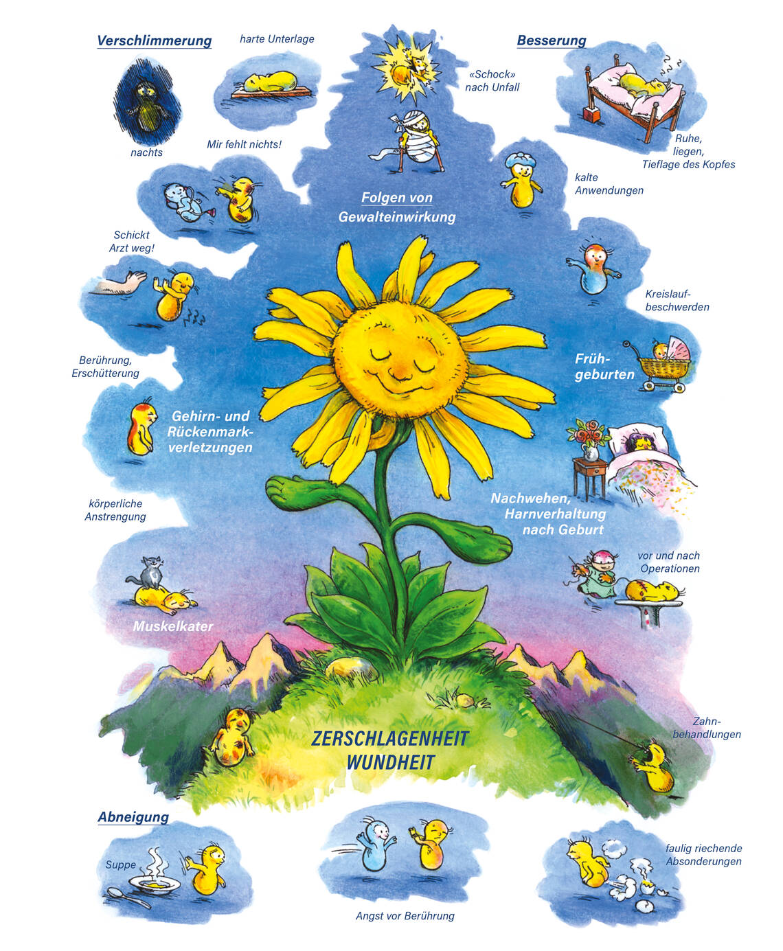 Arzneimittelbild Arnica. Zerschlagenheit, Wundheit.