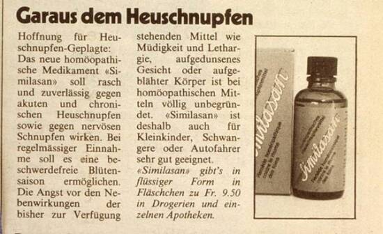 Zeitungsartikel aus Blick 1982. Titel: Garaus dem Heuschnupfen. Hoffnung für Heuschnupfen-Geplagte: Das neue homöopathische Medikament "Similasan"